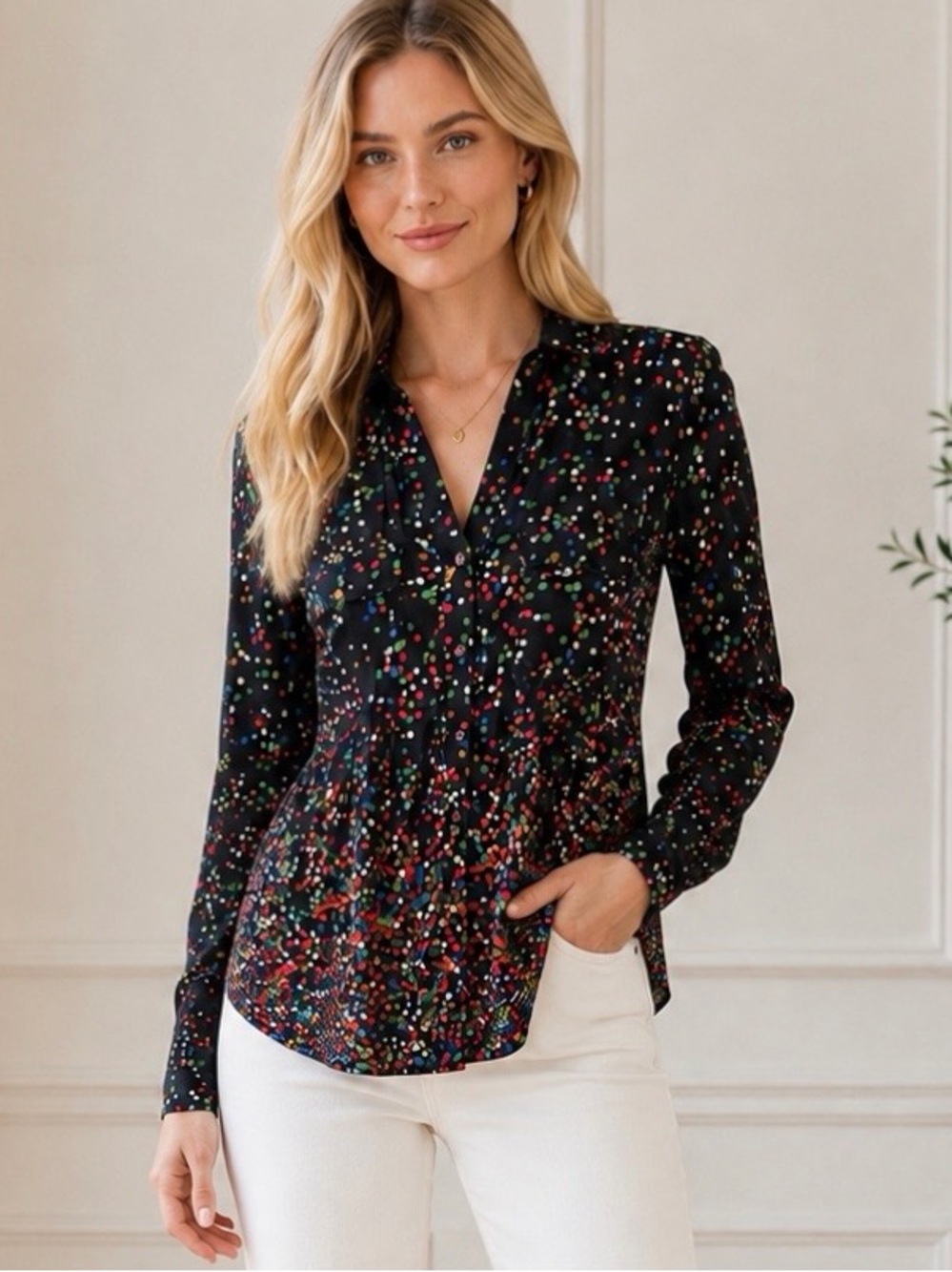 Maeve Anthropologie Confetti Dot Button Front Blouse Black Multicolor Size 6